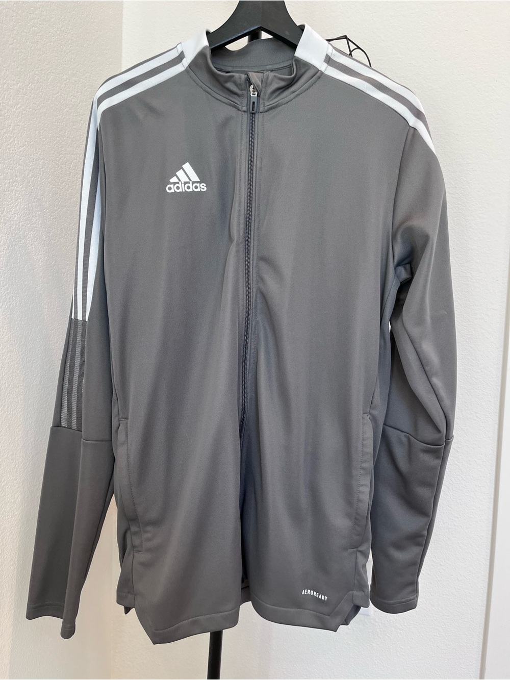 Adidas Men's Gray Track Jacket with White Stripes